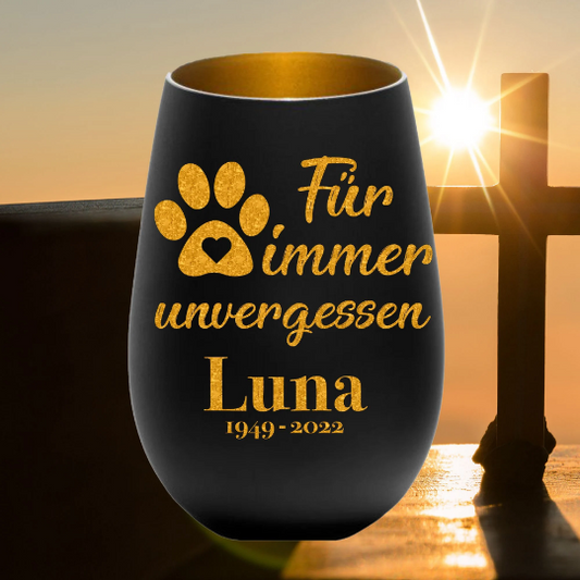 Trauerlicht Hund Haustier unvergessen - Gravur mit Namen und Datum - Gedenklicht Erinnerungslicht Grablicht Trauergeschenk Teelichthalter