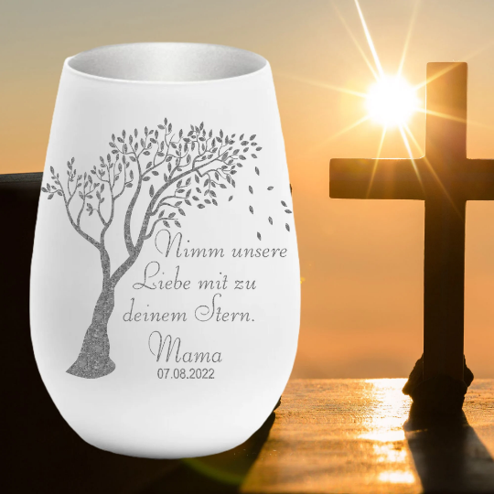 Trauerlicht - Nimm unsere Liebe... Gravur mit Namen und Datum - Gedenklicht Erinnerungslicht Grablicht Trauergeschenk Teelichthalter