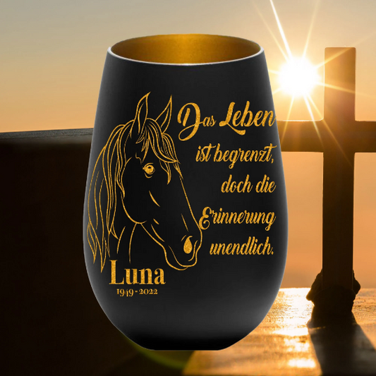 Trauerlicht für Pferde Freund - Gravur mit Namen und Datum - Gedenklicht Erinnerungslicht Grablicht Trauergeschenk Teelichthalter