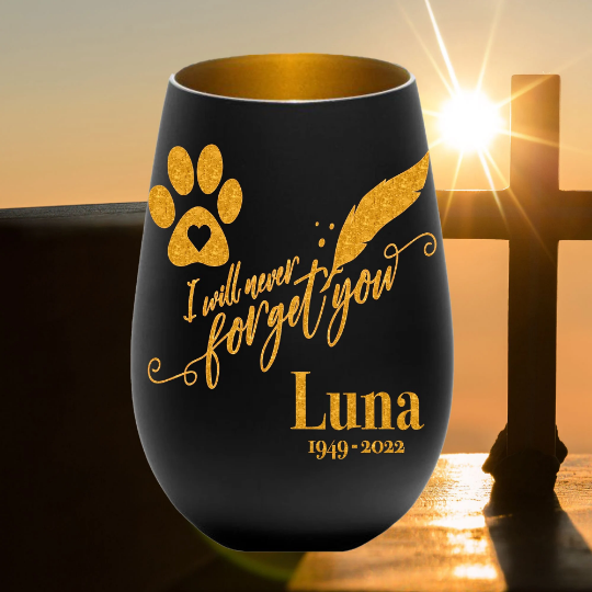 Trauerlicht Hund Haustier - Gravur mit Namen und Datum - Gedenklicht Erinnerungslicht Grablicht Trauergeschenk Teelichthalter