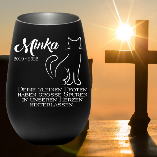 Trauerlicht Erinnerung an Katze - Gravur mit Namen und Datum - Gedenklicht Erinnerungslicht Grablicht Trauergeschenk Teelichthalter