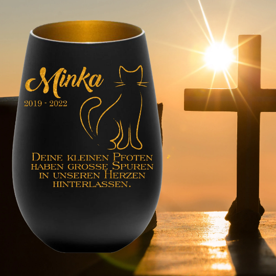 Trauerlicht Erinnerung an Katze - Gravur mit Namen und Datum - Gedenklicht Erinnerungslicht Grablicht Trauergeschenk Teelichthalter